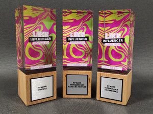 Награда из стекла на постаменте с гравировкой "Like Influencer Awards"